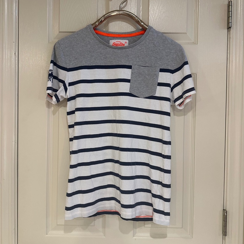 Superdry Orange Label Mens Small Striped Pocket T-Shirt Grey White Navy